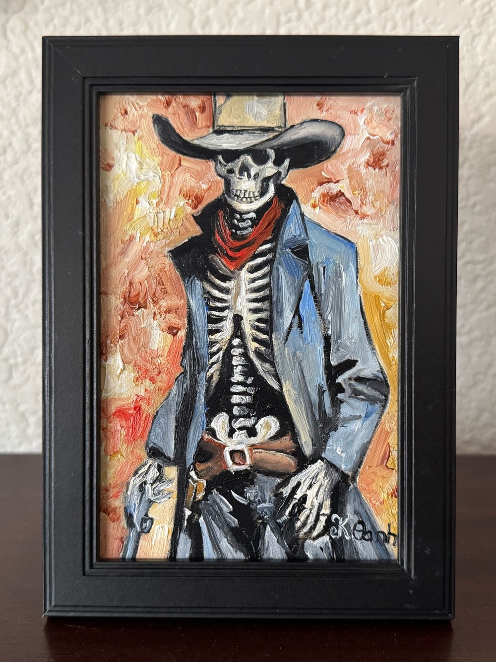 Original oil painting skeleton cowboy Halloween signed framed 4x6 inches